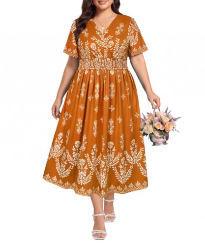 Image of CARCOS Plus Size Dresses for Curvy Women V Neck Summer Maxi Dress Short Sleeve Floral Boho Dress Smocked Waist Beach Dress