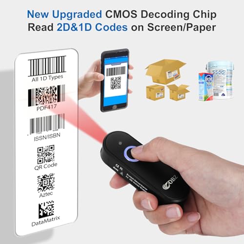 OBZ Bluetooth Barcode Scanner Kabellos – 1D 2D Tragbarer Handscanner mit USB & Wireless QR Code Scanner für Mac OS, Windows, iOS, Android, Tablet, Phone, PC, POS