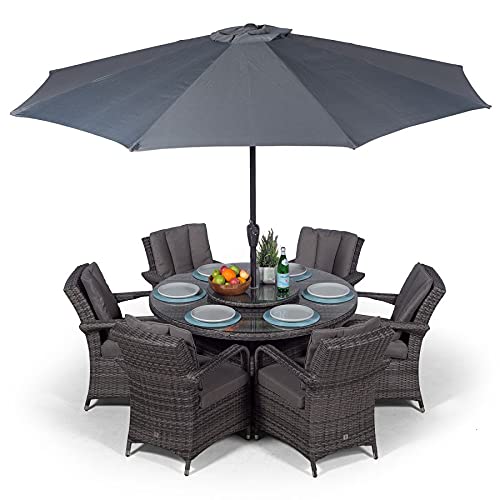 Arizona Luxury Rattan Dining Set | Round 6 Seater Wicker Garden Dining Furniture with Parasol & Cover (Grey) - Image 7