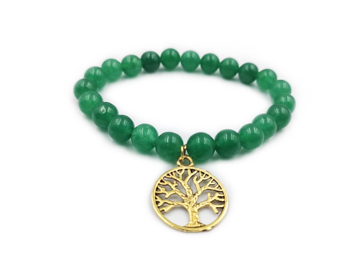 REBUYGreen Aventurine Bracelet Healing Crystal Bracelet Stone Bracelet Golden Tree of Life Charm Bracelet Jewelry for Women & Girls, Color Green, Bead Size 8 mm