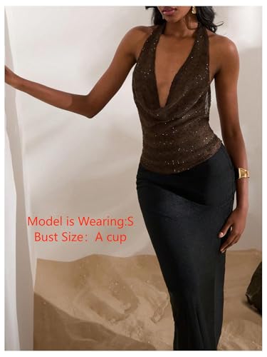 MakeMeChic Women's Sparkly Sequin Tops Cowl Neck Halter Top Crochet Blackless Rave Going Out Tops4