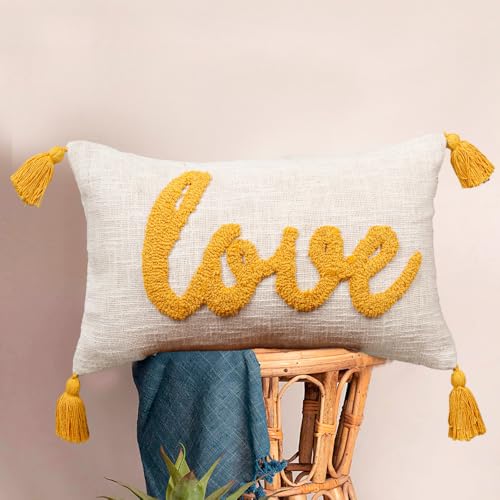 Image of HOMADORN 100% Cotton Text Pattern Handtufted /Embroided Decorative Cushion Cover (12X20 Inches) (1, Love Yellow)