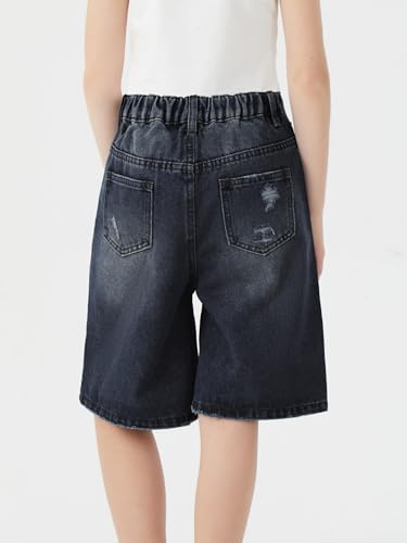 Image of Girls Shorts Elastic Waist Jorts Denim Jean Shorts Ripped Knee Length Bermuda Shorts for Kids Teen Girls Summer