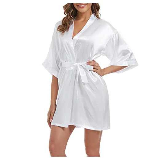 Xuepelit Bata de satén para mujer, albornoz de novia, albornoz ligero japonés para boda, albornoces cortos, Blanco, XL