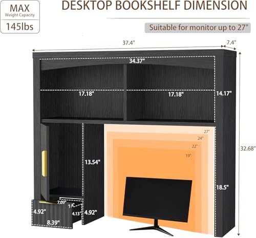 Image of Desk Hutch Shelf, Desktop Shelf Organizer 37 inch Wide Desktop Bookshelf 2-Tier Wood Hutch Bookcase Organizer with Drawer Dorm Table Shelves Desk Shelves Office Bookshelf with Storage-Black