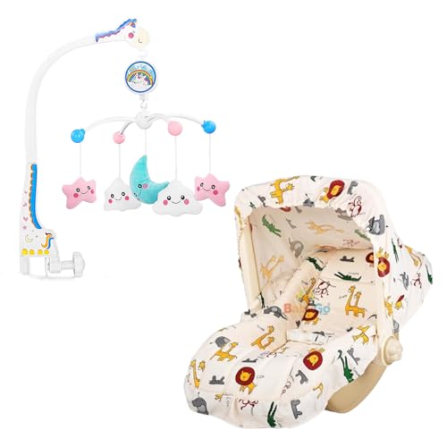 Image of BabyGo 5-in-1 Carry Cot with Rocking Chair, Safety Belt & Canopy + Rotating Stars Musical Crib Mobile |Newborn Soothing Jhoomer, Rattle Hanging Toy for Cradle & Infant Bed (Combo Pack)