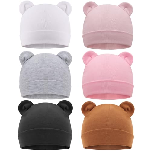 Image of DRESHOW BQUBO 6 Pcs Newborn Baby Beanie with Bear Ears Cotton Hospital Hat Preemie Infant Caps for Baby Boy Girls 0-6 Months