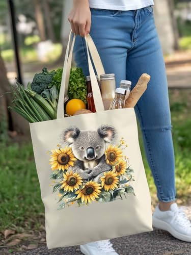 Canvas Tote Bag Cute Koala Sunflower Reusable Grocery Shopping Bag,Shoulder Tote Bags for Women Vacation Travel Work Gym4