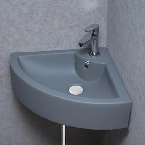 Image of REMANENCE Ceramic Wall Hung Corner Wash Basin for Bathroom | Wall Mounted Corner Sink (20.4 x 15 x 6 Inch) (Grey)