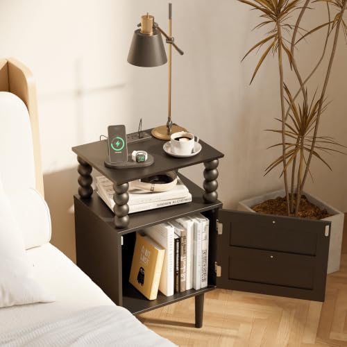 Image of Black Nightstand with Outlet,Storage Drawer and Open Wood Shelf,Wood Legs | Mid-Century Modern Bedside Table for Bedroom and Small Spaces,Easy Assembly Solid Wood Legs
