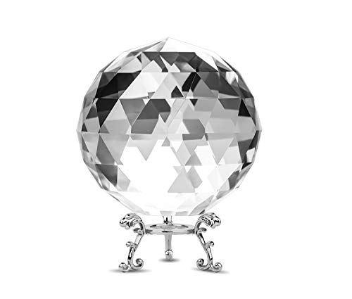 ADWIKOSO K9 Prisms Glass Clear Cut Crystal Ball Sphere Faceted Gazing Ball with Stand for Wedding Home Décor (80mm/3.15in)
