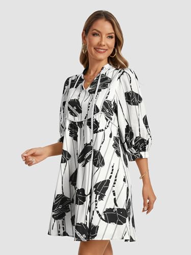 Image of EZAPINE Women Floral Babydoll Mini Dress V Neck 3 /4 Puff Sleeves A Line Flowy Swing Summer Sun Dresses