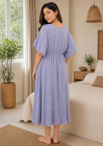 Image of Noty Women's- Kaftan | Maxi | Maternity | Feeding | Delivery Gown- Cotton Fabric- V Neck | Floral Print | 2 Pockets | Midi