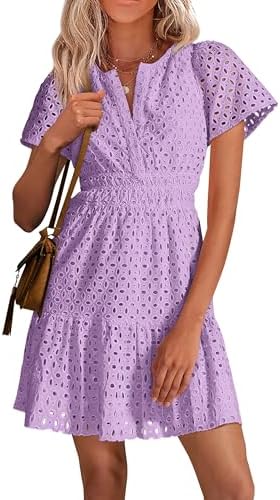 PRETTYGARDEN Womens 2026 Summer Short Dress V Neck Short Sleeve A Line Hollow Out Lace Ruffle Cute Casual Beach Party Dresses
