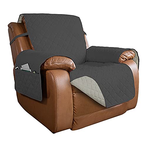 Image of PureFit Reversible Quilted Sofa Cover, Water Resistant Slipcover Furniture Protector, Washable Couch Cover with Non Slip and Elastic Straps for Kids, Dogs, Pets (Oversized Recliner, Dark Gray /Beige)