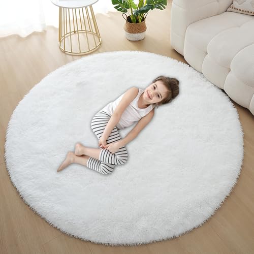 Skyweaver Round Fluffy Rug for Girls Bedroom, 4ft White Fluffy Ci...