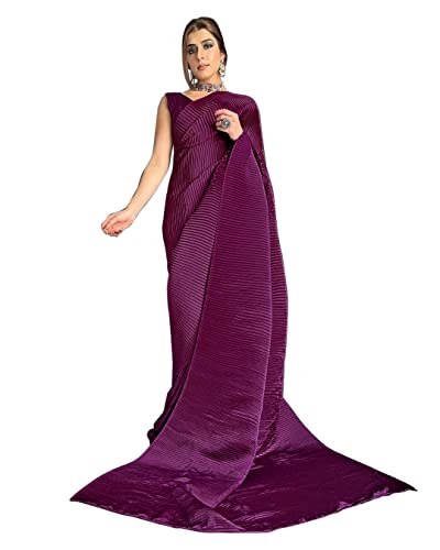 Image of StyleScope Women's Full Crushed Pleated Satin Saree With Unstitched Blouse Piece (Pleatedd)