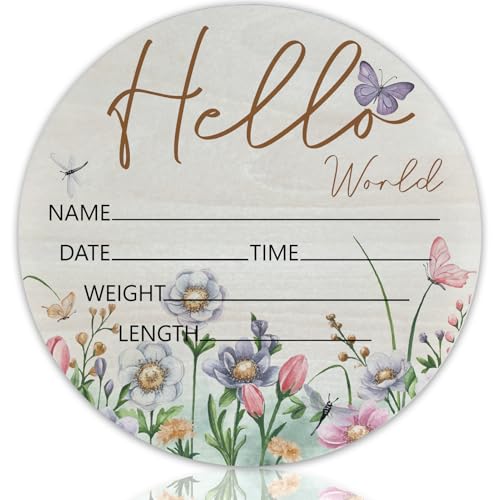 Image of Birth Announcement Sign Hello World Baby Name Wood Butterfly Theme | Round Wood Plaque with Butterfly & Floral Design, Custom Name Date Weight Length Great for Nursery Wall Baby Shower Gifts