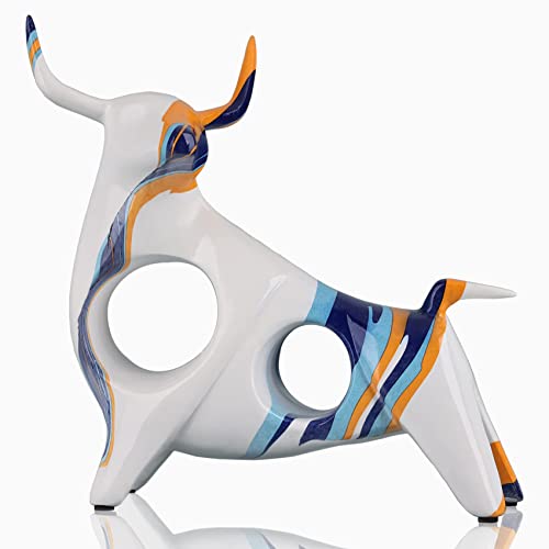 Resin Blue-Orange Bull Statue, Minimalistic Full-Color Bull Figurine Decor, Originality Abstract Bull Sculpture Home Decor, Suitable For Interior Decor, Bookshelf, Table Top, Centerpiece (Head Up Cow) #TOP23