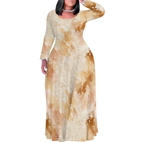 Image of PinkPatty Plus Size Maxi Dress for Curvy Women Crew Neck Long Sleeves Casual Dress Vacation Sundresses with Pockets