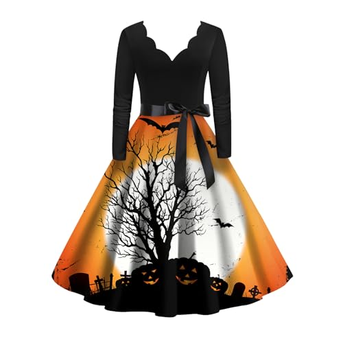 Kostüm Halloween Damen Drucke Hepburn Kleider 50er Rockabilly Petticoat Kleid Langen Arme V Neck Ballkleid Swing Tunikakleid mit Gürtel...