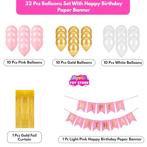 Image of Happy Birthday Decoration Kit for Baby Teenage Girls Men Women Adults Home Table Year With 30 Pc Pink Gold White Balloons 1 Pc Pink Happy Birthday Paper Banner 1 Pc Gold Foil Curtain Items Set Combo