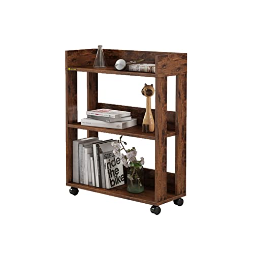 Min Win 3 Tier Open Bookshelf,Small Bookshelves Storage Display Shelf With Universal Wheels,Movable Standing Shelf Units,Wood Storage Rack For Small Spaces Home Office Bookcases Book Shelves,Antique #TOP7
