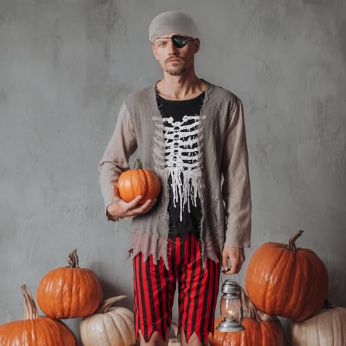 PARTY GO Disfraces Halloween Ropa De Pirata Para Hombre, Incluye Bandana Y Vendaje En El Ojo,Adecuado Para Alturas Entre 160 Y 175 Cm