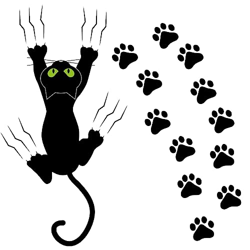 Noir Stickers Voiture Chat Mignon - Drôle Autocollant Voiture Humour avec 12 Empreintes de Griffes pour la Décoration de Porte (Les Yeux Verts)