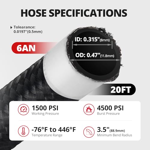Image of EVIL ENERGY Conductive 6AN PTFE Fuel Hose E85 Nylon Braided 5 /16 ID 20FT | Leak-Free & Heat Resistant, 3-Layer Construction, Compatible with E85, Diesel, Biodiesel, Engine Oil & More Fuel Types