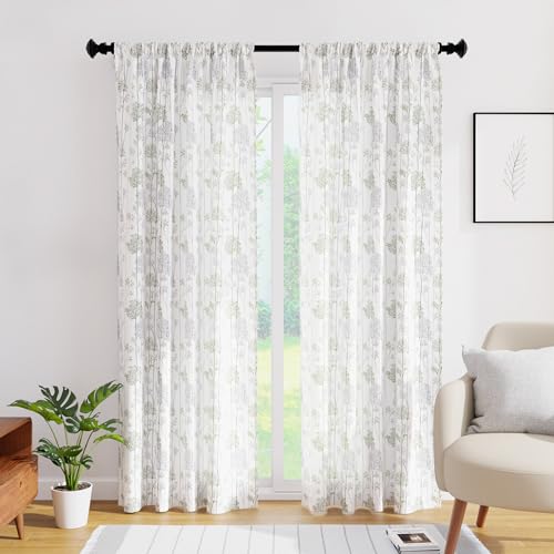 Image of Encasa XO Door Printed Sheer Curtains, Light Filtering Branches Green