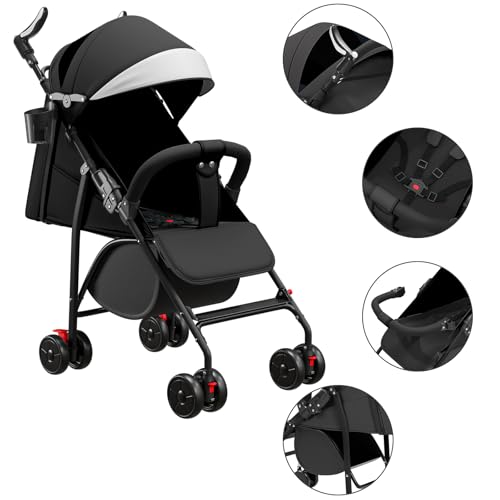 OHMG Reisebuggy flugzeug handgepäck,Kinderkraft Kinderwagen,Leichte Reise Buggy,Liegeposition, Kleine Maße nach Zusammenklappen,Vergrößerbares Verdeck,Für Geburt, bis 22 kg (A-Schwarz)