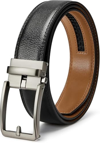 Dress Casual Genuine Leather Belt – Black Ratchet Style with Slide Adjustable Click Buckle