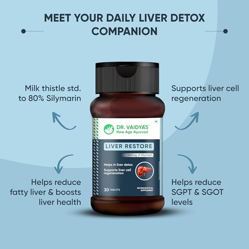Image of Dr. Vaidya's Liver Restore Tablets with Milk Thistle and Dandelion | 600mg Silymarin | Ayurvedic Liver Detox & Care Supplement | Supports Liver Health, Cleansing, Digestion & Metabolism | 30 Tablets, Pack of 1