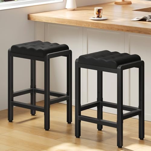 HOOBRO Bar Stools, Bar Chairs Set of 2, Counter Height Bar Stools with PU Upholstered Seat and Dual-Height Footrests, PU Leather, Metal Frame, for Dining Room, Kitchen Counter, Black BB64BYP201