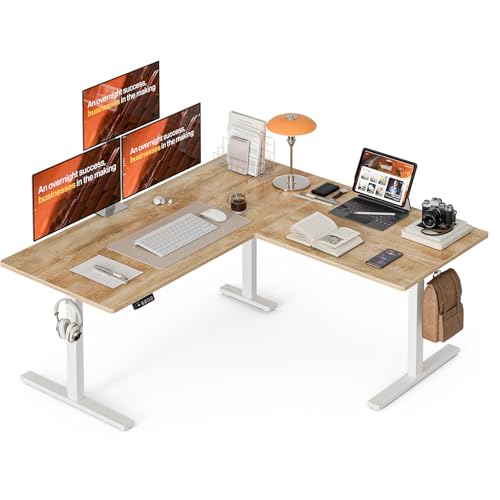 Image of Grandder 63 x 55 Inch L Shaped Standing Desk, Electric Height Adjustable Corner Stand Up Desk, Sit Stand Corner Table Home Office Table, Oak Top White Frame