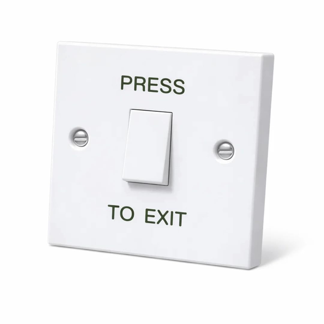 SecureMyDoor PRESS TO EXIT Button - Gloss White Plastic Door Release Switch - Perfect for Access Control Systems in Commercial & Residential Settings - Easy Installation (Flush Mount)