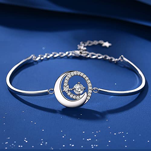 Fancime April Birthstone Bracelets For Women Girls 925 Sterling Silver Moon And Star Bangle Simulated Diamonds Charm Bracelet Gemstone Jewelry Birthday Anniversary Christmas Gifts For Her, 6.7"+1.2" #TOP2