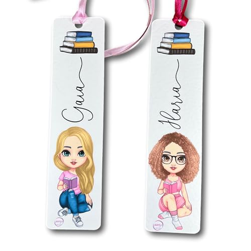 Segnalibro Personalizzato con Disegno Ragazza che Legge e Nome – Cartoncino Martellato – Idea Regalo per Amante della Lettura, Amica o Sorella