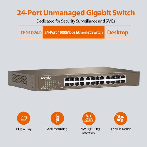Tenda Teg1024D, 24-Port Gigabit Switch, Unmanaged Desktop Network Hub, Office Ethernet Switch, Fan-Less Metal Design, Plug & Play, Traffic Optimization, Limited Lifetime Protection #TOP1