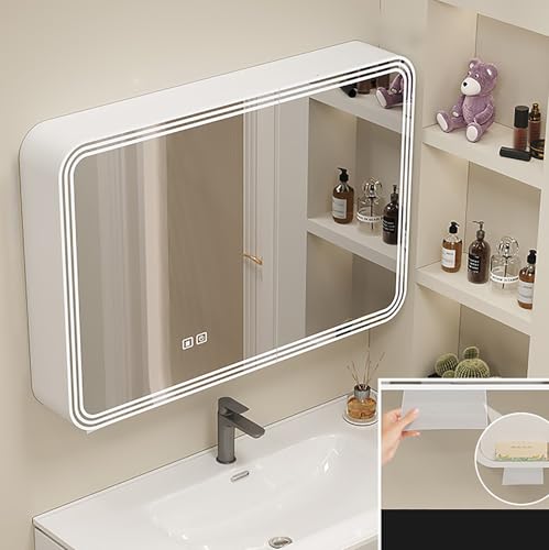 RRrawgff Gabinete de baño con Espejo y luz LED, con Organizador antivaho, antioxidante y fácil de Instalar, de Aluminio, para tocador de Pared (Blanco, 100 cm)