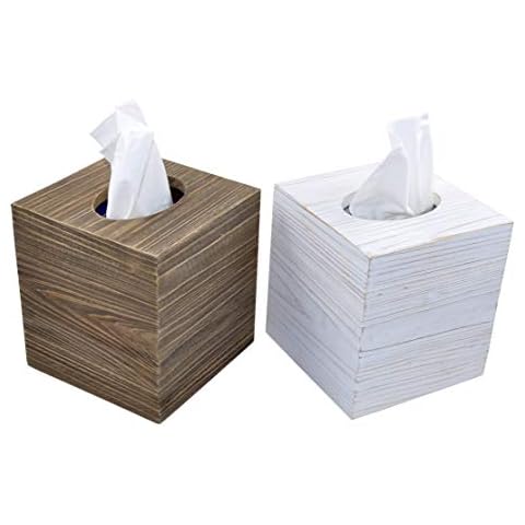Spiretro Square Paper Facial Tissue Box Cover Holder, Set of 2 Rustic Wood Napkin Dispenser for Bathroom, Toilet, Vanity Countertops, Dressers, Night Stands, Desks, Tables, Large - Grey & Whitewash Cover