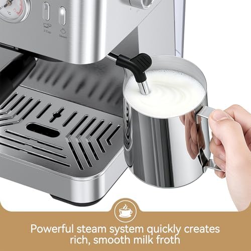 RIOSKY Espresso Machine with Temperature Display, 20 Bar Compact Espresso Maker with Milk Frother for Home, Stainless Steel Coffee Machine with 50oz Removable Water Tank for Cappuccino, Latte, Silver - 5