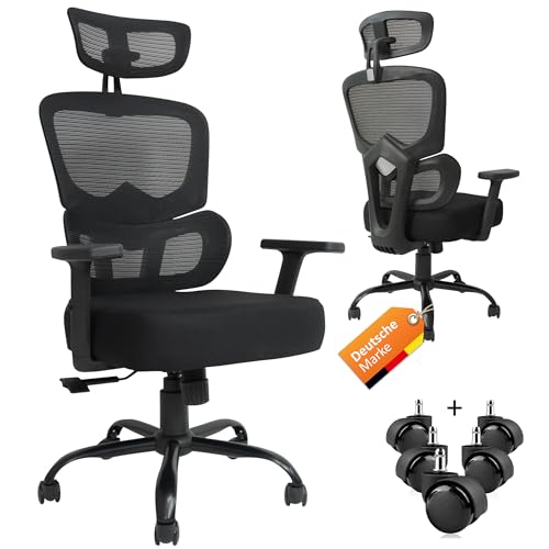 TITANO Ergonomischer Bürostuhl - Schreibtischstuhl mit Verstellbarer Höhe, Kopfstütze und Armlehnen. Drehstuhl mit Wippfunktion, Lendenwirbelstütze, 12cm Memory Foam | 150kg Belastbar