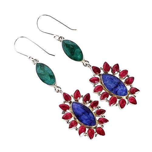 Boucles d'oreilles pendantes argent 925 rubis véritable saphir bleu émeraude