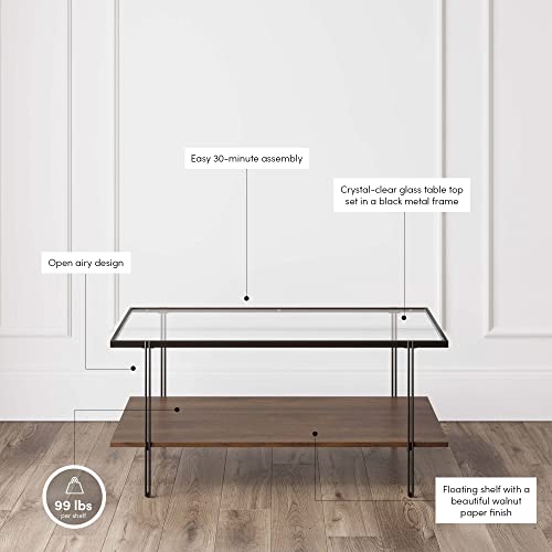 Image of Nathan James Asher Mid-Century Rectangle Coffee Table Glass Top and Wood Finish Storage Shelf with Matte Metal Legs, Warm Walnut /Black