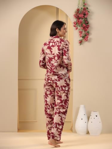 Image of SANSKRUTIHOMES Women's Premium 100% Cotton Printed Night Suit Set | Elegant Full Sleeve Collar Top & Pyjama | Soft & Breathable Premium Loungewear for Women