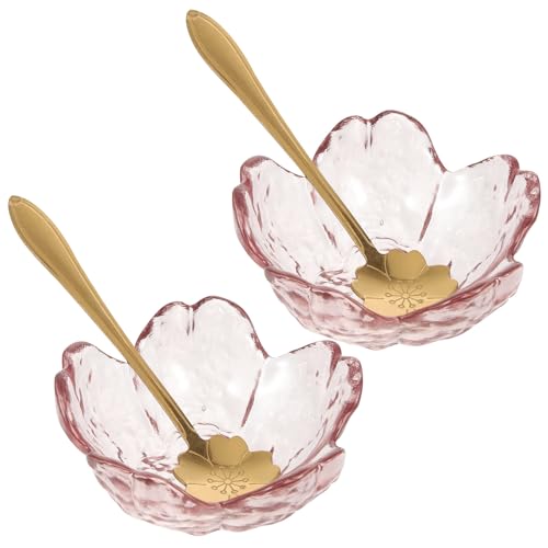 Hohopeti Cuencos de Vidrio para Aceites Esenciales 2 Unidades, Cuencos Faciales Pequeños de Salón, Diseño Flor de Cerezo, Cucharas Metálicas Doradas, Tazones para Mezclar Aceites y Spa