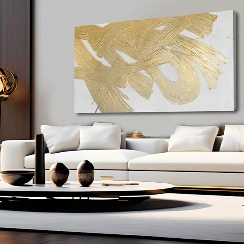 Image of Gold Abstract Wall Art White and Gold Modern Framed Painting Texture Artwork for Living Room Office Dining Room Pictures 24x48 Inch Hand Painted