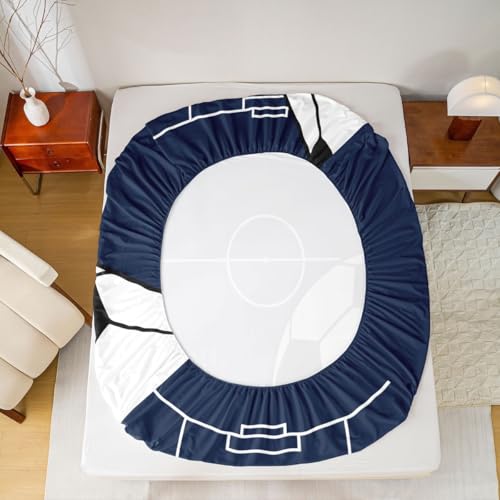 Image of Castle Fairy Boys Soccer Sports Theme Fitted Sheet Set with 2 Pillowcases,Football Court Blue White Bed Sheet Teens,Football Top Flat Sheet Luxury Microfiber,Queen Size